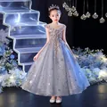 Elegant sleeveless grey-blue lace tutu dress for girls with star sequins and crown - 120cm / Blue Long Style