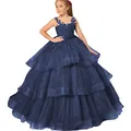 Detail of dark blue girl dress with sleeveless lace bodice and layered tulle cake skirt - 2-3 / Tops / Navy Blue