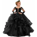 Girl's black lace princess dress with sequins, layered tulle skirt and green crown - 8-9 Years / Black