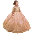 Pink gold flower girl dress with gold embroidery and multi-layer tulle puffy skirt - 8-9 Years / Dresses / Pink Gold