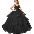 Detail of multi-layer black tulle skirt and lace embroidery on girls formal gown - Black