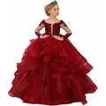 Deep wine red girls long lace pageant gown with tiered ruffles and glitter sequins - 8-9 Years / Burgundy