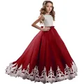 Sleeveless red and white lace princess dress for girls with tutu skirt and bow belt - US4 / Burgundy