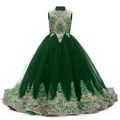 Sleeveless deep green flower girl gown with gold floral embroidery and tulle skirt - 8-9 Years / Dark Green