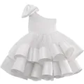 Sleeveless white one-shoulder girls tutu wedding dress with large shoulder bow detail - 2-3 / White