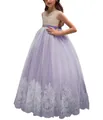 Elegante vestido de princesa sin mangas para niña con falda de tul morado y bordado - Púrpura