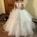 White lace long sleeve flower girl dress with layered tulle princess ball gown skirt - 8-9 Years / Off White