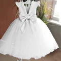 White sleeveless tulle flower girl dress with back bow and pearl accents for parties - 130 / White