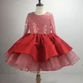 Detail of red long-sleeved girls dress with sparkling sequins and layered satin tulle skirt - 8-9 Years / Red