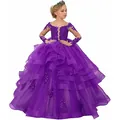 Detail of purple lace sleeves and layered tulle skirt on a girl's princess ball gown - 8-9 Years / Purple
