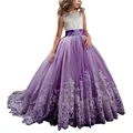 Girl's white and purple princess ball gown with lace bodice and tiered tulle skirt - Deep purple