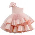Pink one-shoulder puffy girls princess tutu dress with large bow and layered ruffles - 2-3 / Pink
