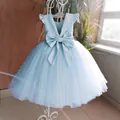 Light blue sleeveless flower girl dress with large back bow and white pearls on tulle - 130 / Blue