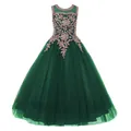 Abito da bambina in pizzo verde scuro con ricami dorati e gonna in tulle - Verde Scuro