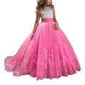 Pink and white girl's princess dress with floral lace appliques and tulle skirt - Rose Red