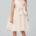 Elegant sleeveless pink tulle princess dress for girls with pearls and large waist bow - Champagne / 2-3