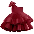 Elegantes Mädchen-Abendkleid in Burgunderrot mit einer Schulter, Schleife und Tüllstufenrock - Burgunderrot