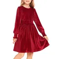 Girls long sleeve velvet dress in wine red color with pleated texture for autumn party - 8-9 Years / Red