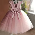 Pink girl princess dress with large back bow and pearl tulle skirt for flower girls - 130 / Dusty Pink