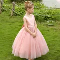 Pink sleeveless satin and tulle flower girl dress with layered puffy skirt and bow - 2-3 / Dusty Pink