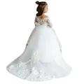 White lace long sleeve flower girl dress with a large bow and elegant long train back - 8-9 Years / White