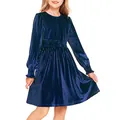 Girls long sleeve dark blue velvet pleated dress with elastic waist for Christmas party - 8-9 Years / Blue
