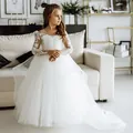White lace long sleeve princess ball gown for girls featuring a formal floor-length train - 8-9 Years / Beige