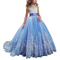 Blue lace flower girl dress with sleeveless white bodice and satin sash for parties - Sapphire Blue