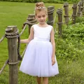 White sleeveless satin and mesh flower girl dress with a bow for kids weddings - 4-5 / White