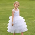 Vestido de novia blanco para niña con encaje y falda de tul a capas con lazos - Blanco / 2-3