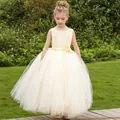 Elegant champagne tulle ball gown for girls featuring satin bodice and floral waist detail - 2-3 / Champagne