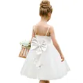 White lace backless flower girl dress with a large satin bow and puffy tulle skirt - Beige / 2-3