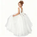 Elegant white sleeveless satin and mesh tulle flower girl ball gown with back bow - 8-9 Years / Ivory