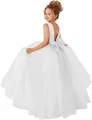 White sleeveless flower girl dress with a large bow and layered tulle ball gown skirt - 2-3 / Beige