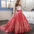 White lace and red tulle girl princess dress with floral belt and lace embroidery - Red