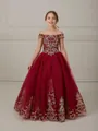 Detailed gold floral embroidery and shiny mesh layers on a burgundy princess ball gown - US4 / Burgundy