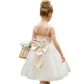 Elegant white lace girls princess dress with a large champagne satin bow on back - Champagne / 2-3