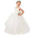 White sleeveless satin and mesh flower girl dress with a large back bow for weddings - Bottoms / Beige / 8-9 Years