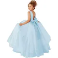 Light blue flower girl dress featuring a large back bow and tiered tulle ball skirt - 4-5 / Sky Blue