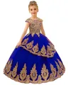Detailed embroidery on royal blue flower girl dress with gold lace and tulle - Sapphire Blue / 8-9 Years