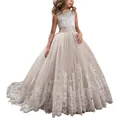 Elegant champagne lace flower girl dress with layered tulle and exquisite embroidery - Champagne