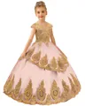 Close-up of pink flower girl dress featuring gold lace embroidery and tiered tulle skirt - Flesh Pink / 8-9 Years