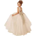 Champagne sleeveless floor-length tulle flower girl dress with back bow detail - 4-5 / Champagne