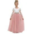 Elegant white lace and pink tulle flower girl dress with sparkling waist belt - Pink Short Sleeve / 8-9 Years