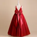 Deep red sleeveless flower girl dress with satin bodice and large back bow - Bottoms / Burgundy / 8-9 Years