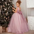 Elegant lavender sleeveless tulle ball gown for girls with a large back bow detail - 8-9 Years / Dusty Pink