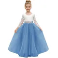 Elegant white lace and blue tulle girl's princess dress with sparkling rhinestone belt - Grey Blue / 8-9 Years
