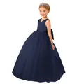 Navy blue sleeveless satin and mesh tulle ball gown with a large back bow for girls - Bottoms / Navy Blue / 8-9 Years