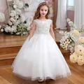 Exquisite floral lace embroidery on the sleeveless bodice of the white girl's gown - 100(3Y) / Champagne