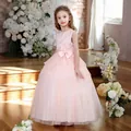 Detalle de bordado floral y lazo de seda en vestido de tul rosa para niñas - Rosa / 4-5Y